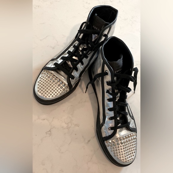 Gucci Shoes - Gucci silver metallic studded high top california sneakers